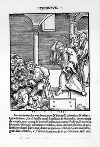 1521年に出版されたフィリップメランソンによる「パッシナルクリスティウントアンチクリスティ」のテンプルから商人と貸金業者を運転するキリスト 作： Lucas Cranach the Elder